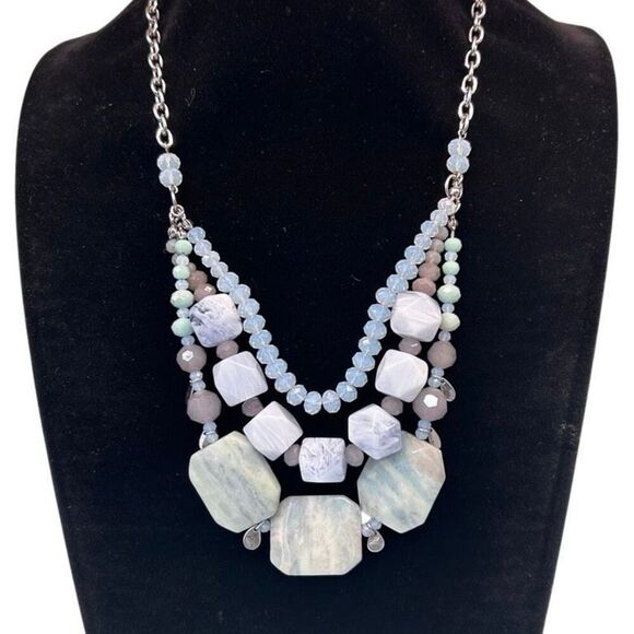 Vtg The Limited Blue Lace Agate Stone & Beads Layered Bib Necklace 19" Signed - Picture 2 of 6